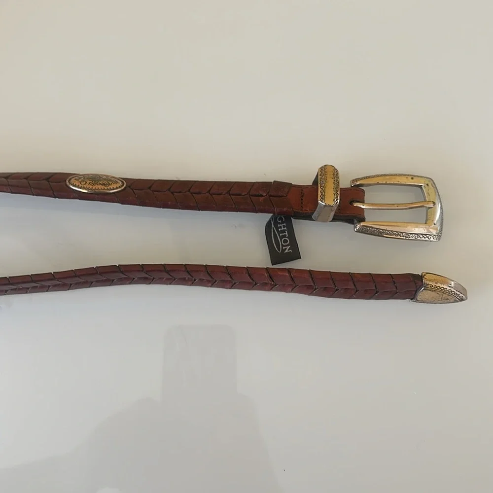 Brighton Brown Braided Leather Belt with Metal Medallions Size L
